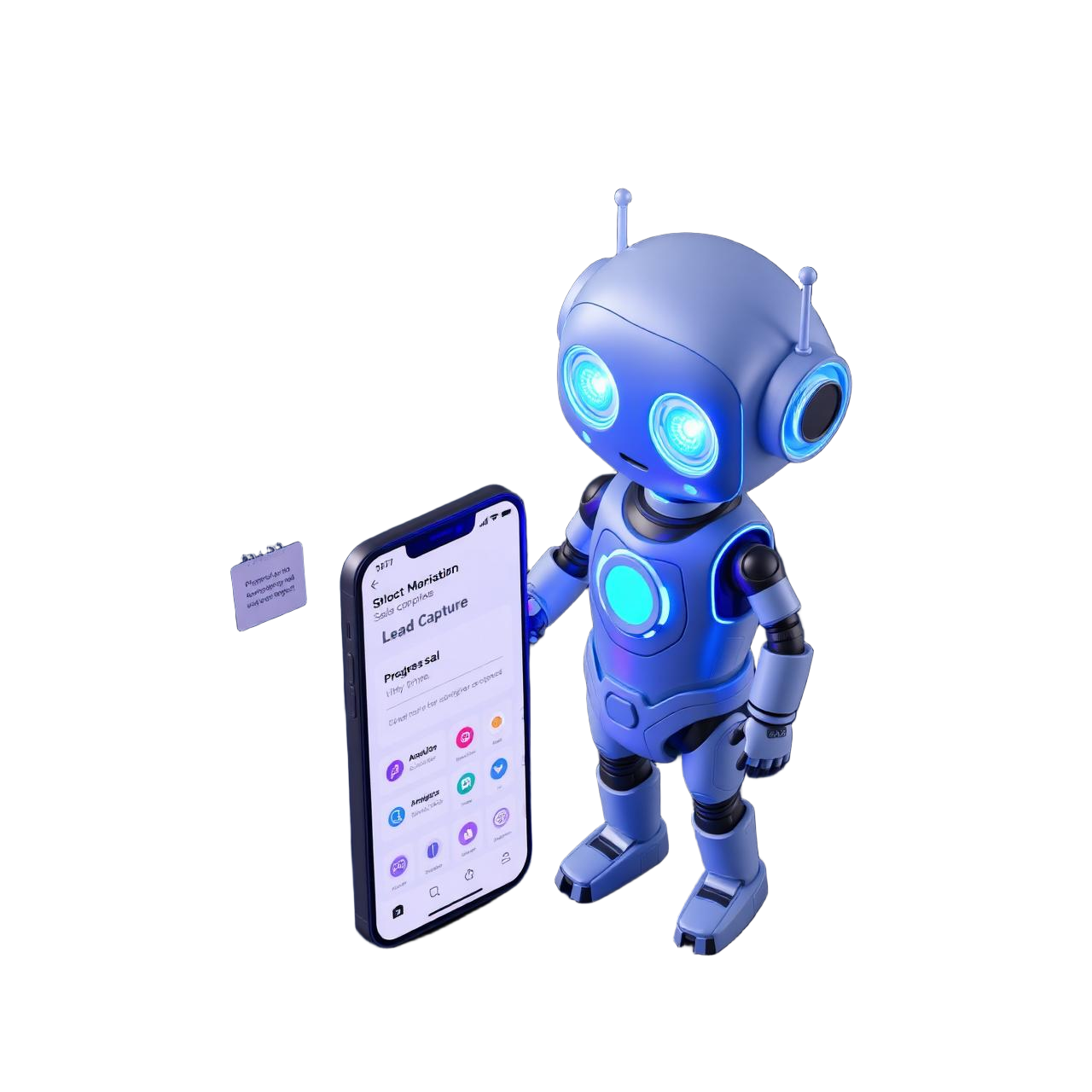 AI robot mascot beside a smartphone displaying a lead capture funnel